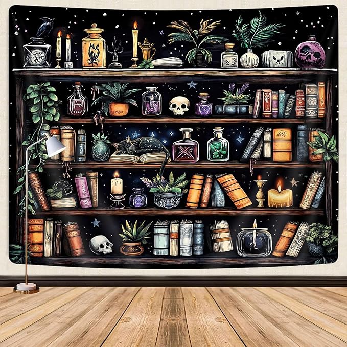 Bookshelf Tapestry Magical Library Witchy Tapestries, Vintage Fantasy Dark Bookshelf Hippie Cool Wall Tapestries Gothic Skull Black Cat Book Aesthetic Decor for Study Classroom, 60X40
