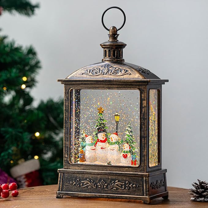 12.5'' Christmas Snow Globe Lantern Lighted Snowman Choir Musical Snowmen Carolers Water Lantern in Swirling Glittering Home Decoration and Gift, Battery Operated or USB Powered