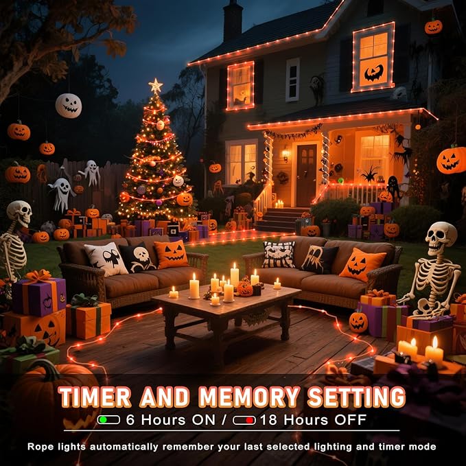 Orange Halloween Lights, 66FT 200 LED Rope Lights for Outside Waterproof with 8 Modes, Connectable Tube String Lights for Indoor, Garden, Backyard, Patio, Deck, Pool, Tree Decorations