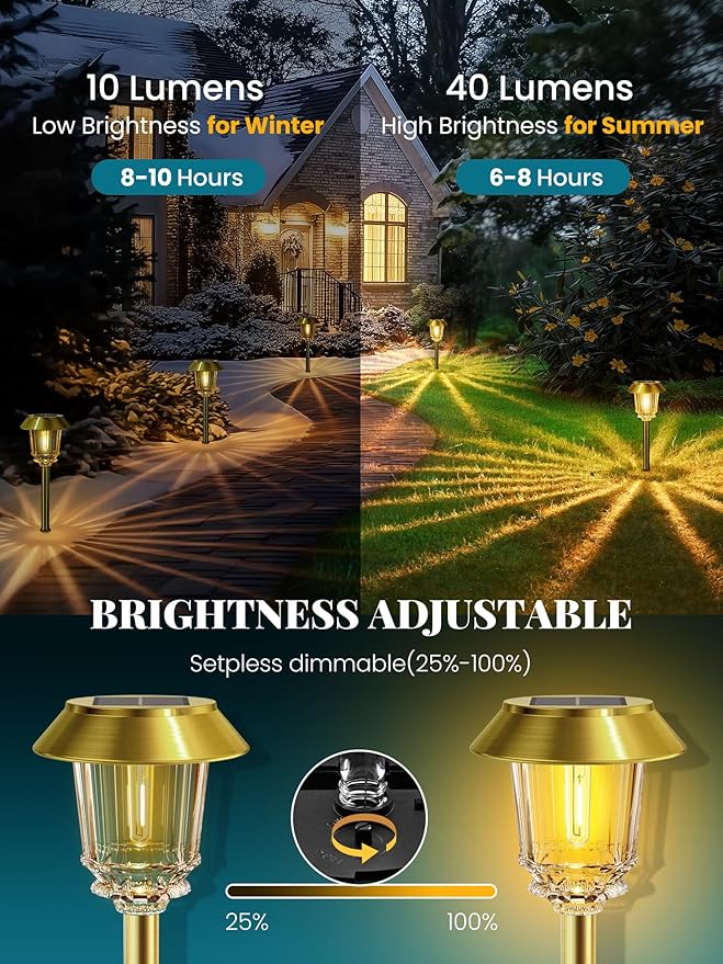 Solar Lights Outdoor Waterproof,4 Pack Gold Pathway Lights with 10-40 LM Dimmable Glass and Metal, Solar Powered Garden Decor for Yard,Patio,Pathway,Driveway Fall Decoration(Warm White)