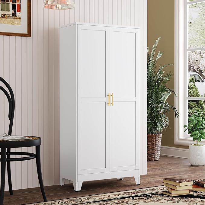 Metal Kitchen Pantry Storage Cabinet with 2 Doors and 3 Adjustable Shelves,Pantry Cabinet with Adjustable Leveling Foot for Kitchen, Living Room, Dining Room(White)