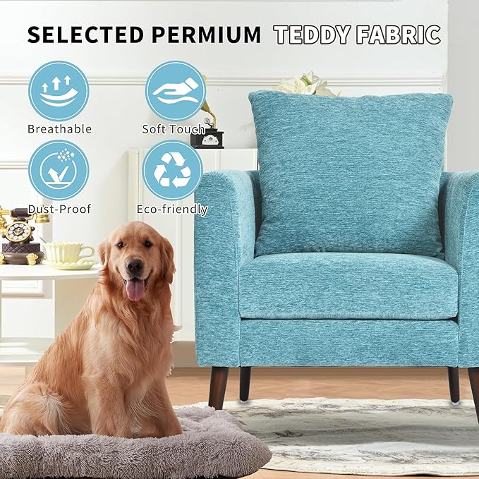 Barrel Accent Chair with Back Pillow, Large Upholstered Armchair with Solid Wood Legs Modern Reading Chairs for Living Room Bedroom