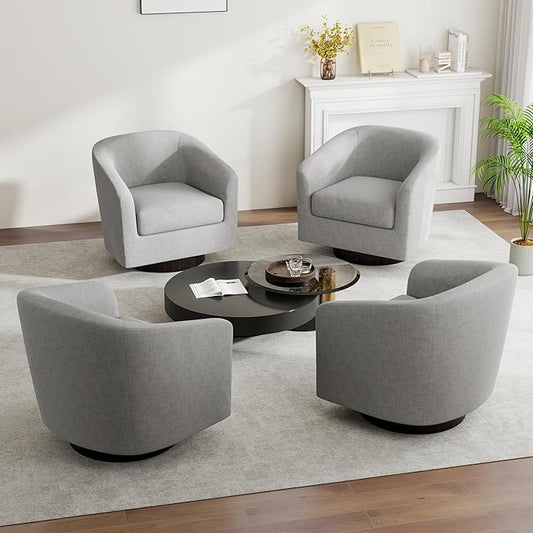 Swivel Barrel Accent Chair, Modern Round Linen Arm Chair for Living Room, Bedroom, Comfy Club Reading Chairs for Adults(Linen Fabric, Light Grey, Set of 4