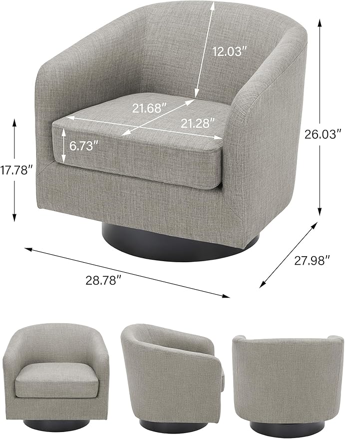 Swivel Barrel Accent Chair, Modern Round Linen Arm Chair for Living Room, Bedroom, Comfy Club Reading Chairs for Adults(Linen Fabric, Khaki, Set of 1