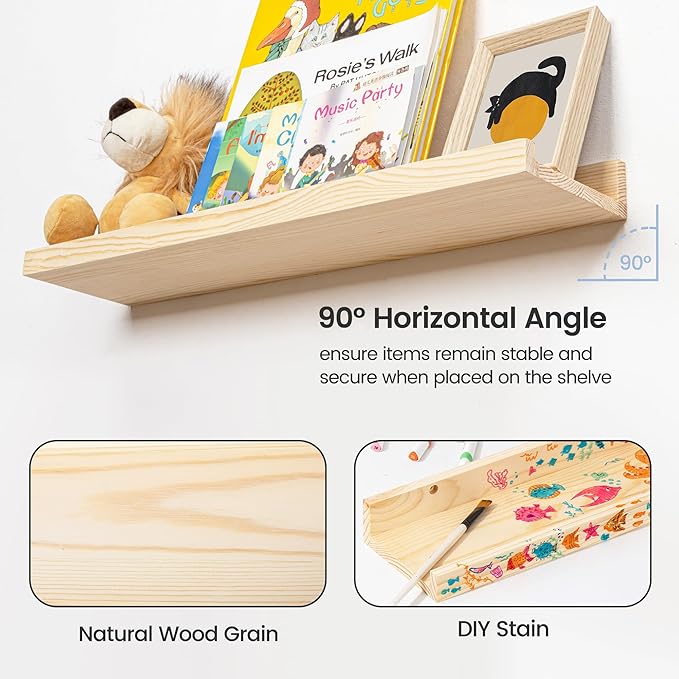 Picture Ledge Shelf for Wall, 36 inches Solid Pine Wood Nursery Book Shelves 3 Packs, Floating Ledge Shelves for Kids' Room Bedroom Bathroom Living Room Photo Frames Office Nursey Wall Decor, Natural