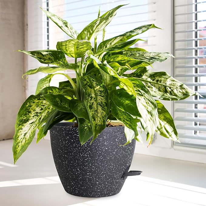 12/10/9 inch Large Self Watering Pots, Planter, Plant Pots with Mesh Drainage Holes for Indoor Outdoor Garden Plants, Plastic Flower Pots with Removable Deep Reservoir, Speckled Black