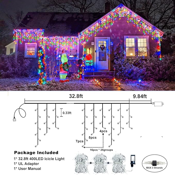 Icicle Lights for Outside, 33FT 400 LED Icicle Christmas Lights Outdoor Indoor with 8 Modes 75 Drops, Waterproof Connectable Twinkle String Light for Eaves Patio Garden Wedding Party Decor, Multicolor