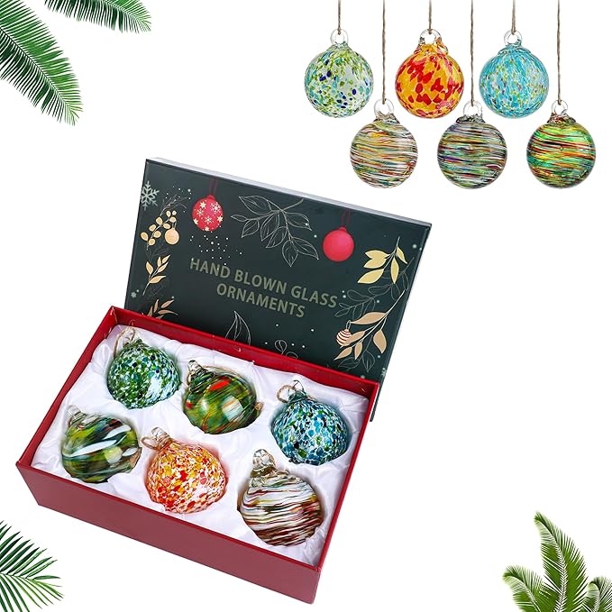 Set of 6 Hand Blown Glass Christmas Ornaments Hanging Gazing Ball Witches Ball Friendship Decor for Garden Patio Window