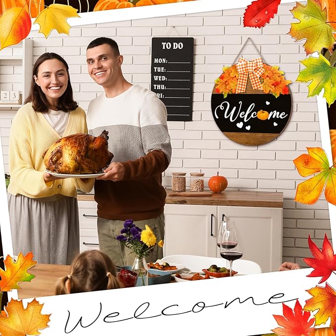 Hello Fall Door Sign Thanksgiving Wooden Welcome Sign Fall Welcome Wreaths with Bow Maple Pumpkin Door Hanger Farmhouse Wall Decoration for Home Autumn Harvest Front Porch Decor