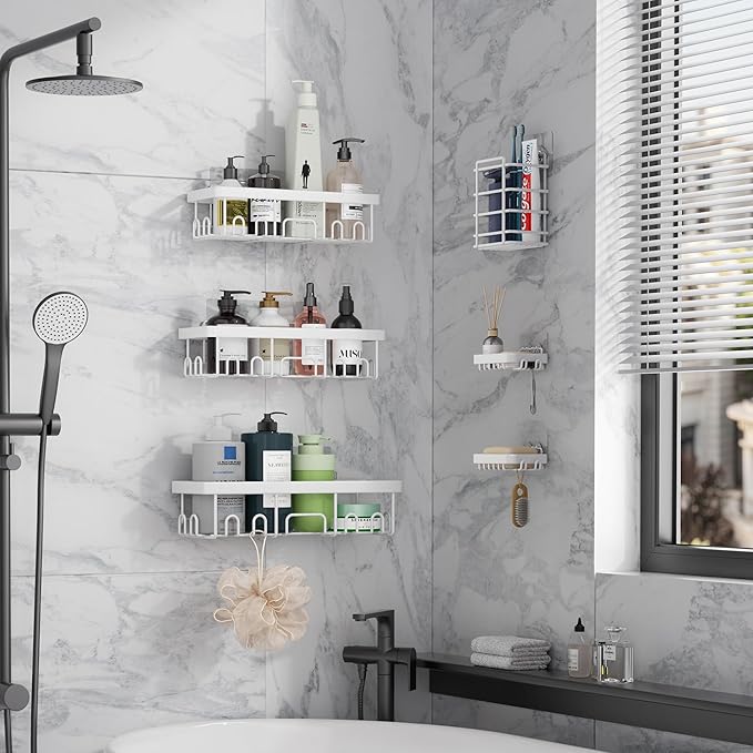 Veken 6-Pack Rustproof Waterproof Shower Caddy, Adhesive Shelves Rack with Soap Holder, Large Bathroom & Washroom Organizer, No Drilling Wall-Mounted Kitchen & Home Decor, Ideal for Bathtub Storage