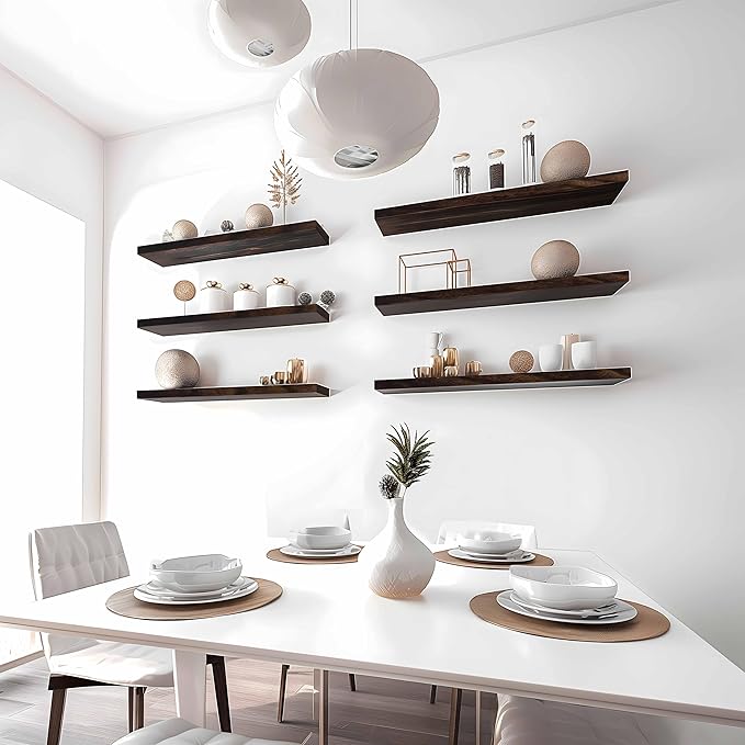 Wood Floating Shelves for Wall Decor, Rustic Wall Shelves for Bedroom Bathroom Kitchen Living Room, Set of 4 Walnut 24 Inch