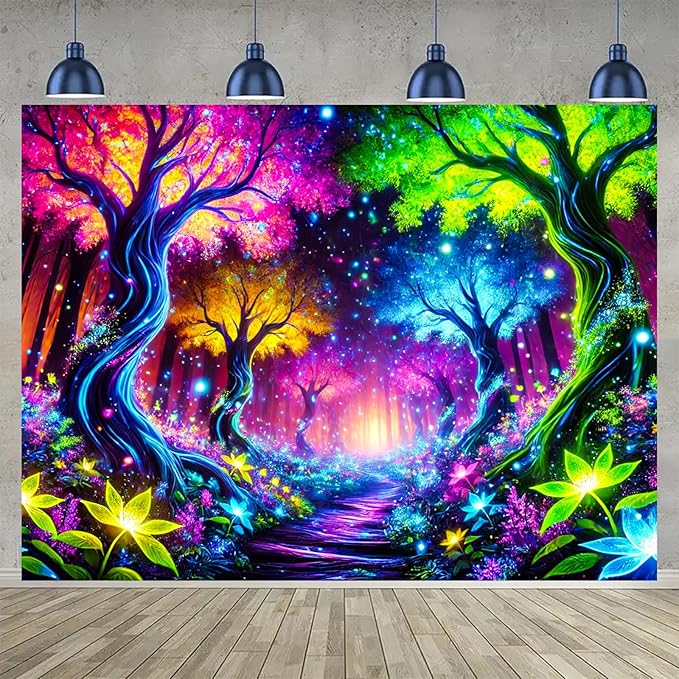 BlissYard Enchanted Neon Forest UV Black Light Tapestry 78x59 Inches Art Color Neon Light Background Bedroom Living Room Wall Party Decoration Psychedelic Pathway Fantasy Nature Magic Glow Decor