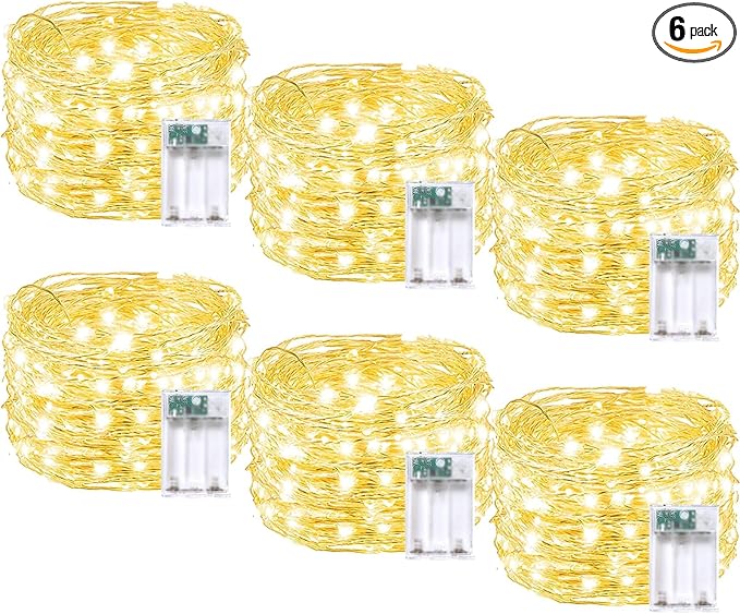 6 Pack Fairy Twinkle Lights Battery Operated, 3 Pack Cool Whie & 3 Pack Warm White Each 20FT 60 LED Waterproof Outdoor Christmas String Light, Fairy Light with Timer for Christmas Decorations