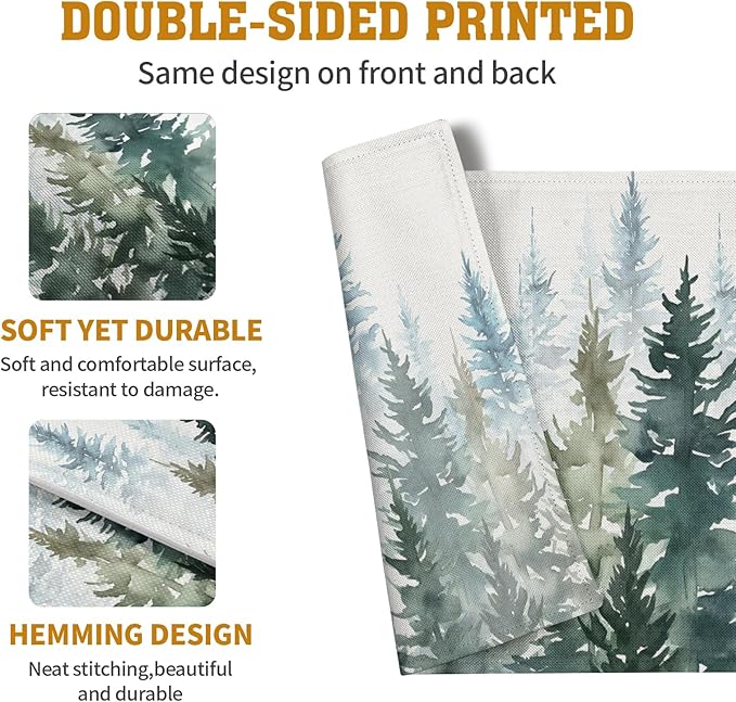 Watercolor Dark Green Tree Table Mats Set of 4 Rustic Nature Forest Pine Tree Placemats Seasonal Winter Holiday Place Mat Farmhouse Washable Linen Placemat for Dining Table Kitchen Christmas Decor