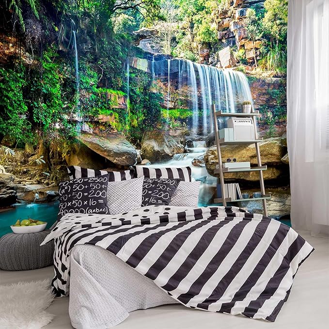 '-Green Lake Waterfall Scenery Fabric Wallpaper Living Room Woodland Forest Mountain Bedroom Bathroom Large Wall Mural- 137"x96"( not Peel and Stick)
