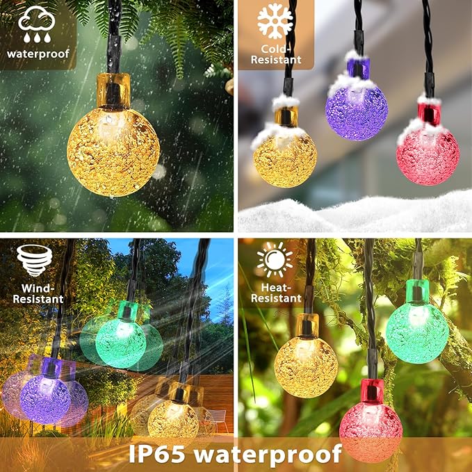 Outdoor Solar String Lights, 2x46FT 66LED 8Modes Crystal Color Solar Powered Christmas Fairy String Lights for Outside Yard Fence Easter Holiday Party Camping Porch Decor 2Pack(Multicolor)