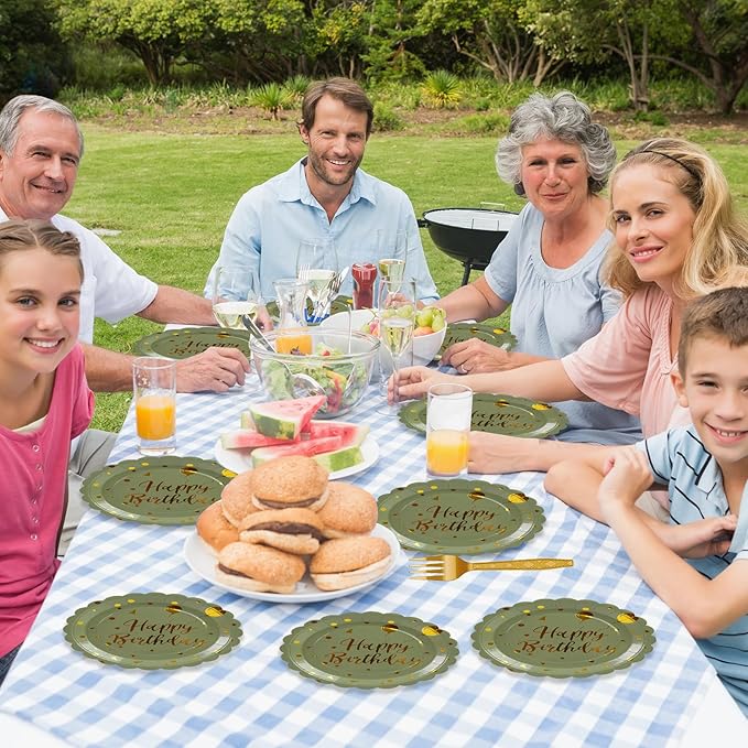 50PCS Sage Green and Gold Happy Birthday Paper Plates, 7 Inch Scalloped Disposable Birthday Dessert Cake Plates Metallic Foil Polka Dots Party Supplies for Birthday's Decorations