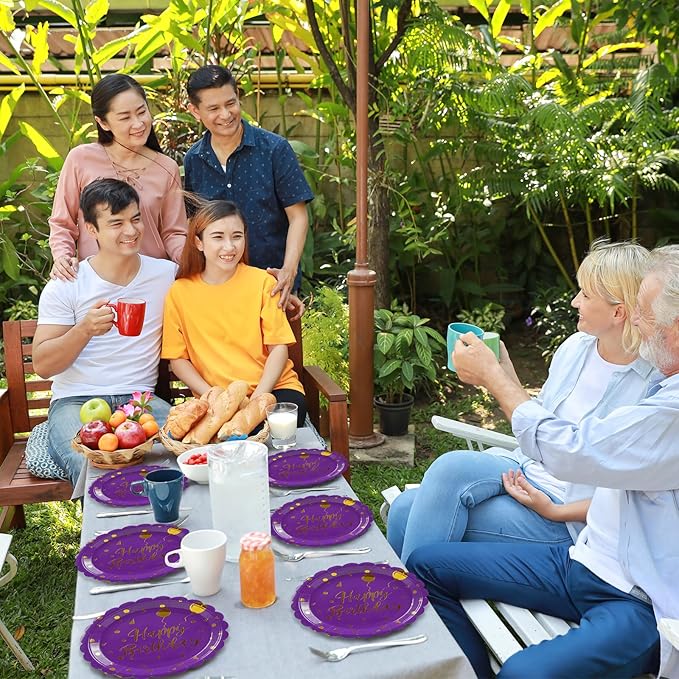 50PCS Purple Birthday Party Plates Decorations, 7 Inch Scalloped Purple and Gold Paper Plates Disposable Happy Birthday Dessert Cake Plate Party Supplies for Birthday's Decorations