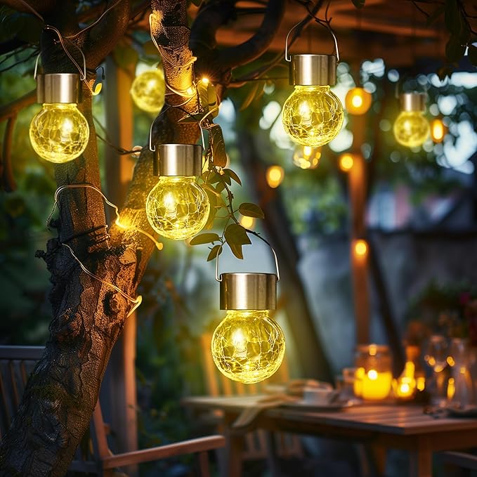 GIGALUMI 24 Pack Solar Outdoor Lights, Solar Hanging Lights for Christmas Decoration-Cracked Glass Solar Lights Outdoor Waterproof for Garden, Yard, Fence, Tree(Warm White)