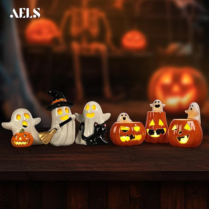 AELS Ceramic Happy Ghost with 3 Tea Lights, Spooky Candle Holder Set of 3, Tabletop Indoor Halloween Decorations for Holiday Party Home, Spooky Sculptures Ghost Figurines, Smoke White