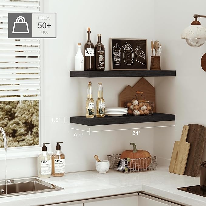 Black Floating Shelves for Wall Mounted, 24 inchs x 9.1” Deep x 1.5” Thick Wall Shelves for Bedroom, Living Room, Bathroom,Kitchen, Office, Home Decor Shelf with Invisible Bracket - Set of 2