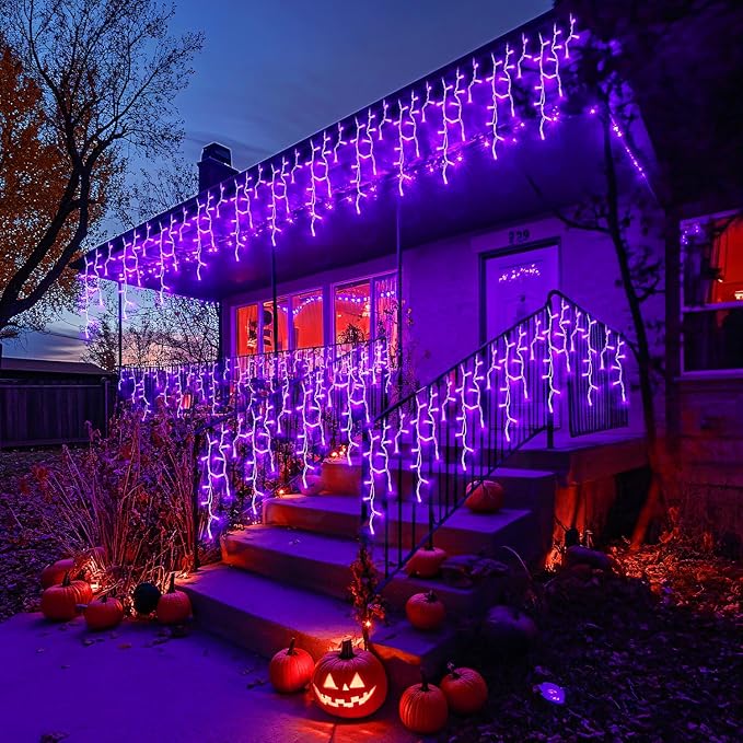 JMEXSUSS Purple Halloween Lights Outdoor, 800 LED Purple Icicle Lights Outdoor Waterproof, 8 Modes String Light Plug in for Fireplace Tree Garden Patio Halloween Decor