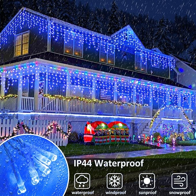 Icicle Lights for Outside, 33FT 400 LED Christmas Lights Outdoor with 8 Modes Waterproof, Plug in String Twinkle Light for Indoor Home Room Window Party Patio Yard Wedding Decorations, Blue