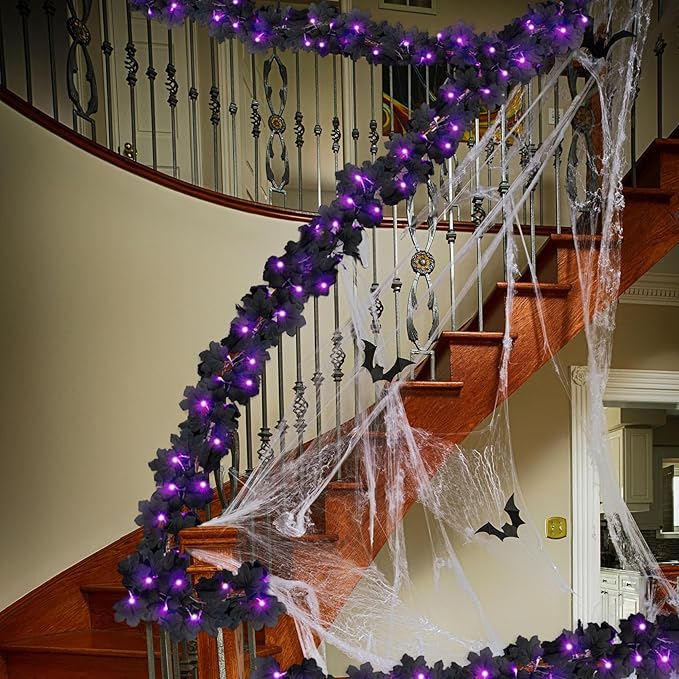 Ouddy Decor 2 Pack Lighted Black Garland Decorations, Total 20 Ft 60 Led Fall Lights Maple Leaves Battery Operated for Indoor Outdoor Thanksgiving Front Door Decor, Purple