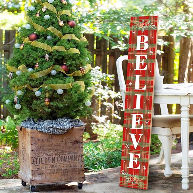 Winter Believe Porch Board Welcome Sign for Front Buffalo Plaid Door Porch Deck Patio or Wall - Indoor Outdoor Decorative Farmhouse Rustic Vertical Porch and Yard Decor - 47.2"H