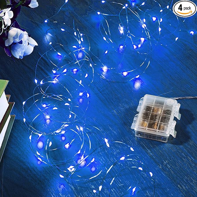 4 Pack 16.4 Ft. Battery Operated Outdoor String Lights with Remote & Timer, LED Blue Fairy Lights, Waterproof Twinkle Lights for Bedroom, Dorm, Mason Jar, Wedding, Party, Christmas