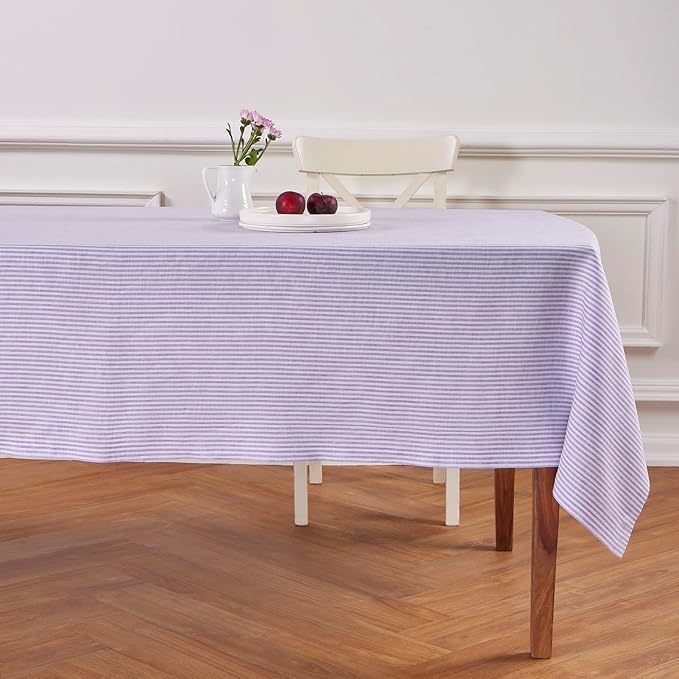 Solino Home Linen Striped Tablecloth 60 x 120 Inch - 100% Pure Linen Lavender and White Table Cloth for Rectangle Tables - Narrow Stripe, Machine Washable Tablecloth for Fall, Autumn, Thanksgiving