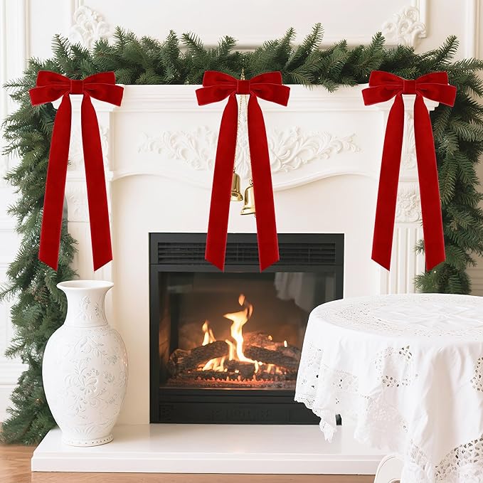 Senjie Velvet Large Christmas Bows for Staircase Garland Wreath, 20in x 8in Vintage Ribbon Bows with Twist Tie for Xmas Tree Holiday Indoor Outdoor Decorations (6Pcs, Red)