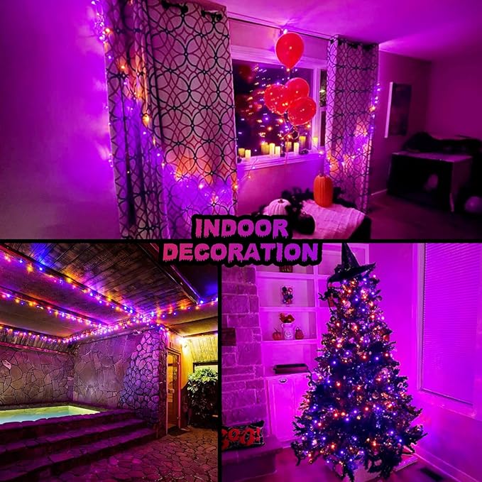 JMEXSUSS 33 FT 100 LED Halloween String Lights Indoor, Orange and Purple Halloween Lights Clear Wire, 8 Modes Outdoor Waterproof Christmas String Light Plug in