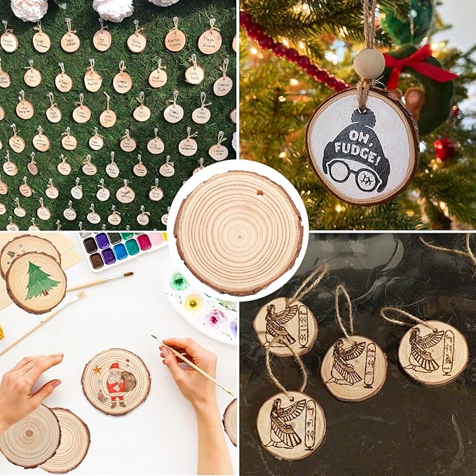 60 PCS 3.2-3.6inch Unfinished Wood Slices, Natural Wood Slices, Predrilled with Hole Wood Slice for DIY Arts Craft Christmas Ornaments