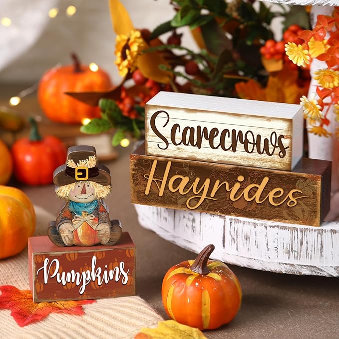 4 Pcs Fall Thanksgiving Decor for Home Cute Scarecrow Wooden Signs with Sayings Thanksgiving Fall Tiered Tray Decor Scarecrow Tabletop Centerpiece Hay Ride Block Signs for Office Kitchen Shelf