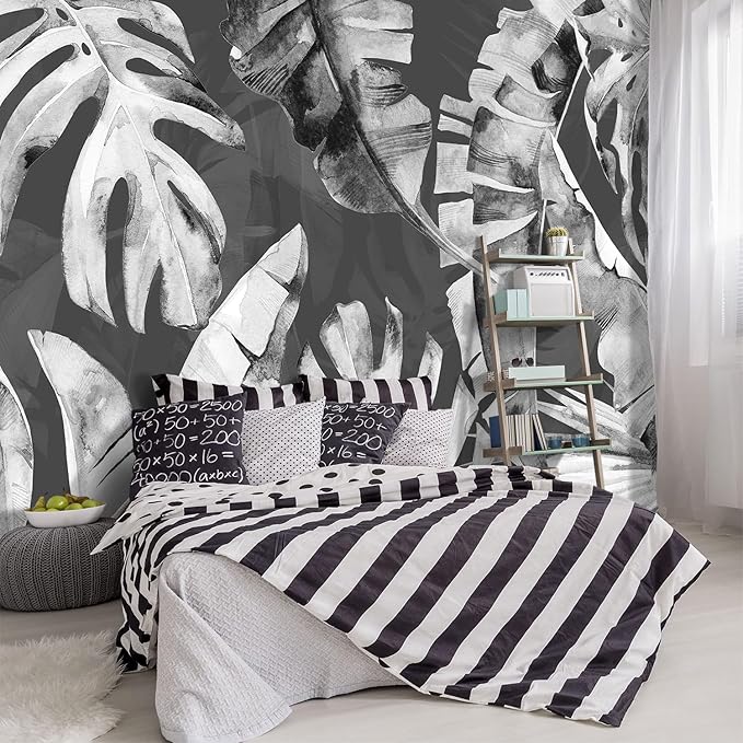 '-Tropical Botanical Grey Banana Leaf Fabric Wallpaper Living Room Bedroom Bathroom Plant Wall Mural- 91"x65"( not Peel and Stick)