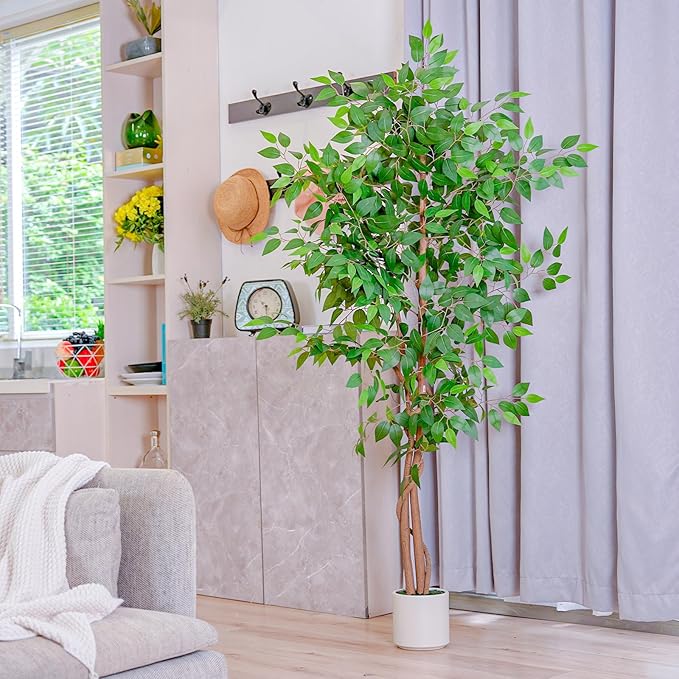 6FT Artificial Ficus Tree with White Planter, Realistic Faux Silk Indoor Outdoor Plant for Home Office Living Room, Porch, Garden Decor