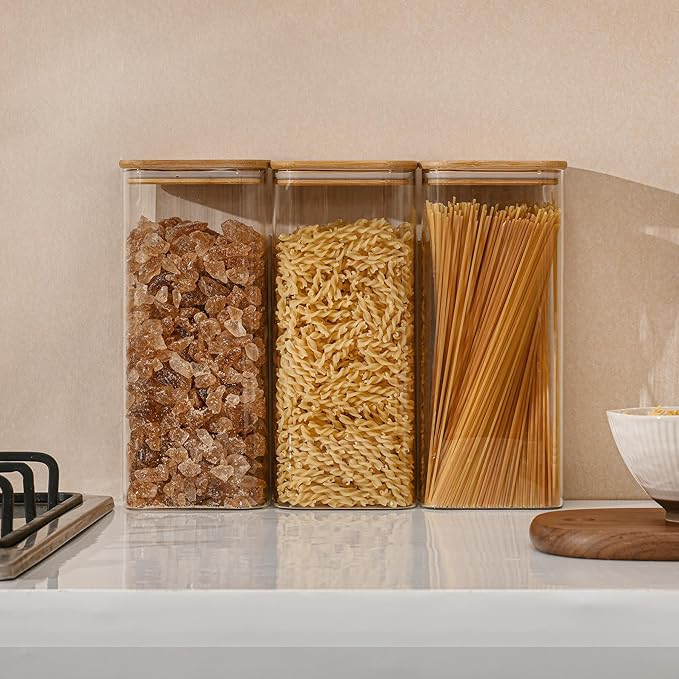 71oz Rectangle Airtight Glass Storage Containers with Bamboo Lids (Set of 3), Square Food Storage Jar, Pantry Organizers for Sugar, Flour, Spaghetti and Coffee beans (with Black Lable)