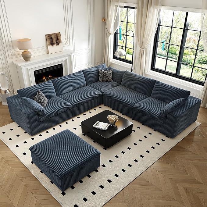 118" Cloud Couch Oversized Modular Sectional Sofa for Living Room,Modern Sofa with Deep Seat,6 Seater Boneless Couch,Comfy Upholstered Corduroy Couches for Apartment, Studio, Office,Bedroom,Blue