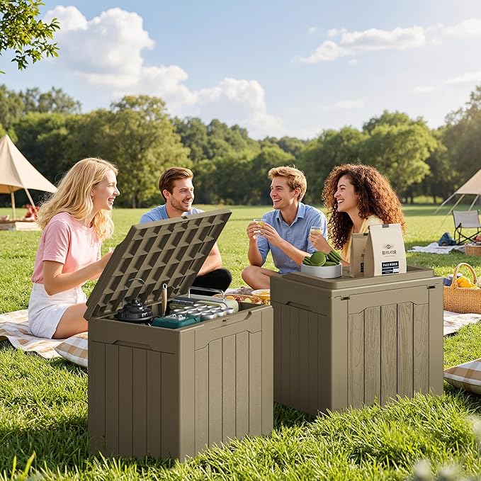 JUMMICO 31 Gallon Resin Deck Box Waterproof Indoor Outdoor Storage Boxes for Patio Furniture Cushions and Garden Tools (Light Brown, 31gallon-2 Packs)