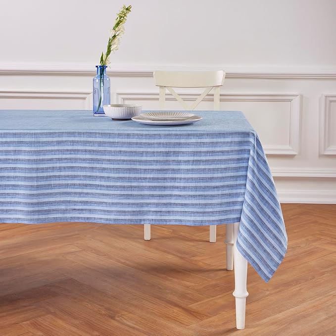 Solino Home Linen Tablecloth 60 x 120 Inch - Amalfi Stripe 100% Pure Linen Bistro Blue Table Cloth for Rectangle Tables - Machine Washable Tablecloth