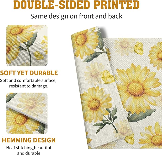 Sunflower Placemats Set of 4 Summer Yellow Floral Table Mat 12x18 Inch Farmhouse Daisy Flower Linen Fabric Place Mats for Party Kitchen Dining Outdoor Indoor Decor