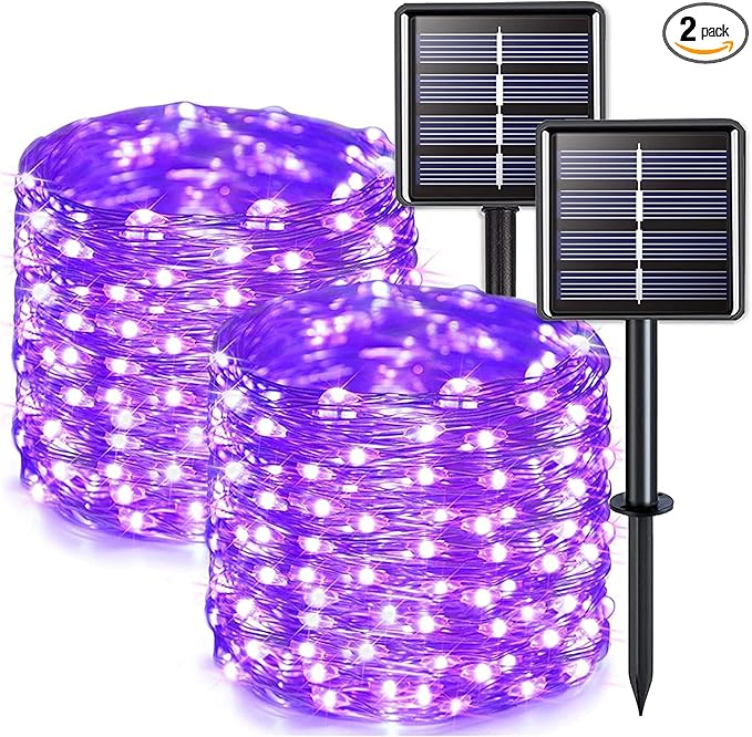 JMEXSUSS 2 Pack Solar Halloween Lights Outdoor, 33ft 100 LED Purple Halloween Lights, Waterproof 8 Modes Purple Solar Light for Outside Tree Garden Patio Christmas Decorations