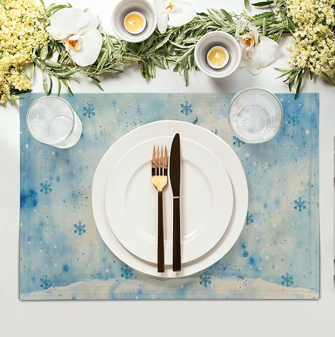 Blue Snowman Snowflake Winter Placemats Set of 4 Seasonal Christmas Linen Table Mats 12x18 Inch Xmas Holiday Snow Farmhouse Rustic Washable Place Mats for Party Kitchen Dining Outdoor Indoor Decor