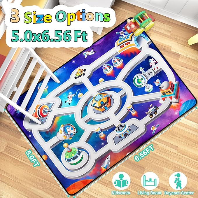 Kids Rug, Space Themed Baby Play Mat, 5x7 Ft Playroom Rug, Colorful Cartoon Outer Space, Planet, Rocket, Spaceship Road Carpet for Playroom, Educational Learning Carpet for Kids Mat