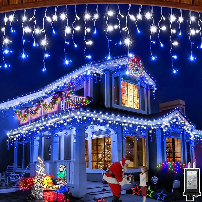 66FT 666 LED Outdoor Christmas Lights - 148 Ice Drops, 12 Pro Modes with Timer Memory & Brightness, Waterproof Hanging Ice String Light for Holiday Wedding Garden Fence House Decor (White & Blue)