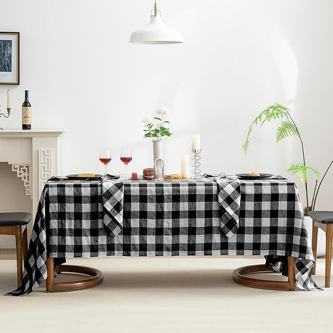 EVERLY 100% Yarn-Dyed Linen Rectangle Tablecloths 60x120Inches for Dining,Buffet Parties,Picnic,Events and Restaurants,Decorative Halloween,Thanksgiving Machine Washable Tablecloths-Black Plaid