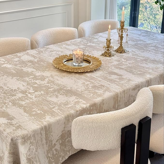 French Rectangle Tablecloth 60 x 84 Inch, Beige Jacquard Spillproof Waterproof Table Cloth, Polyester Cotton Decorative Fabric Table Cover for Dining, Party, Wedding, Kitchen, Farmhouse
