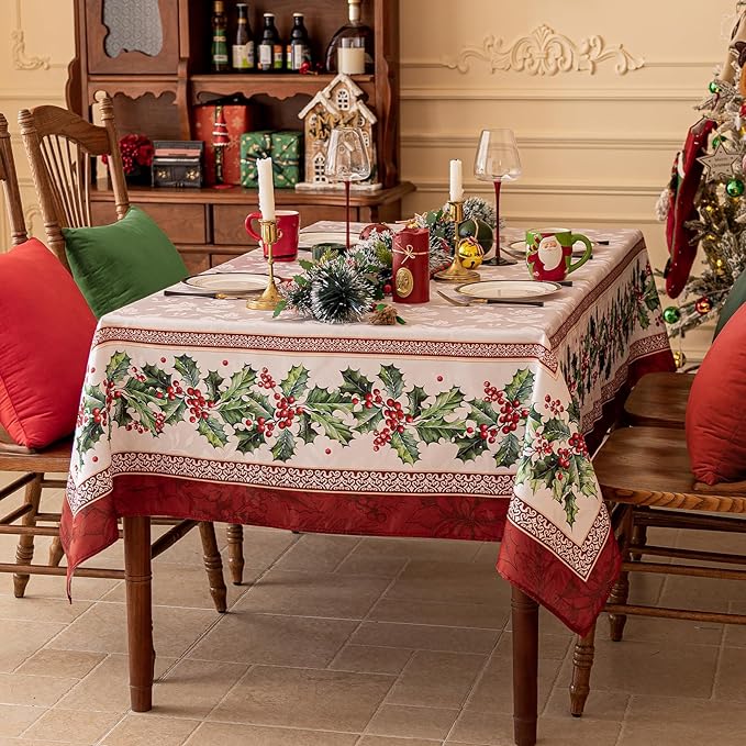 Softalker Christmas Jacquard Square Tablecloth, Winter Vintage Holly Waterproof Table Cloth, Xmas Farmhouse Fabric Table Cover for Holiday, Dining, Party Decor, Holly 60 x 60 Inch