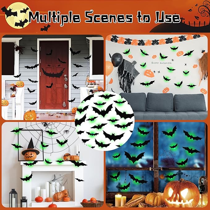 DR.DUDU 36 Pack Bats Halloween Decorations- Light Up Bat Wall Stickers with Green LED, 3D Removable Window Decals for Indoor/Outdoor, Bathroom, Door, Home, Bedroom Halloween Party